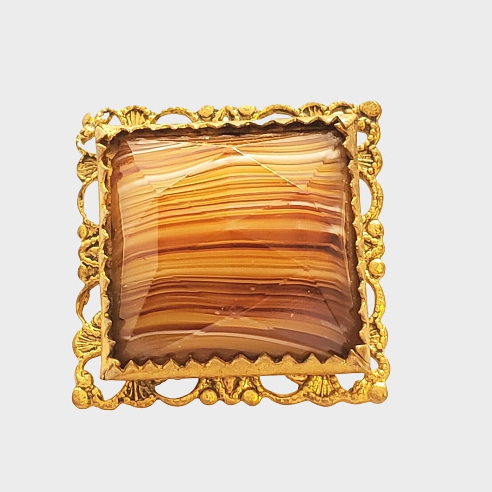 Vintage Brown Slag‎ Glass Pin Brooch Antique Victorian Square Gold-tone C Hook